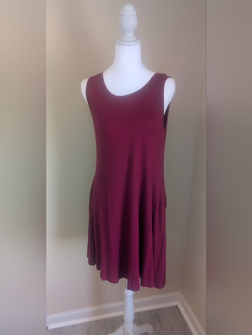 HIMONE Burgundy Sleeveless Swing Dress NWT Soft Stretch Knit 33" Length